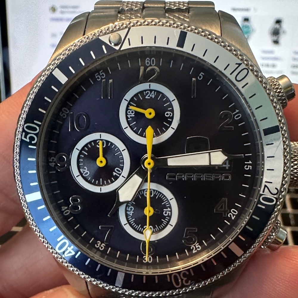 Black and Silver Sports Chronograph Watch with Luminous Markers